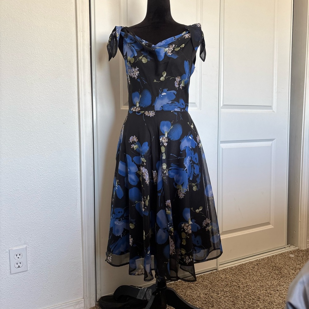 Connected Apparel Blue Floral Fit-and-Flare Dress - Picture 9 of 14